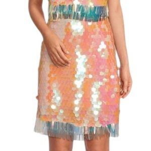 Skies are Blue Peach Silver Sequin Fringe Hem Mini A Line Skirt Disc Party NEW